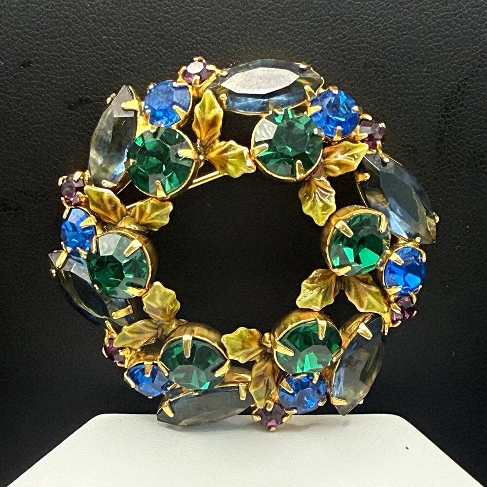 Vintage Green Blue Rhinestone Wreath Brooch Enamel Leaf Gold Tone Circle Pin